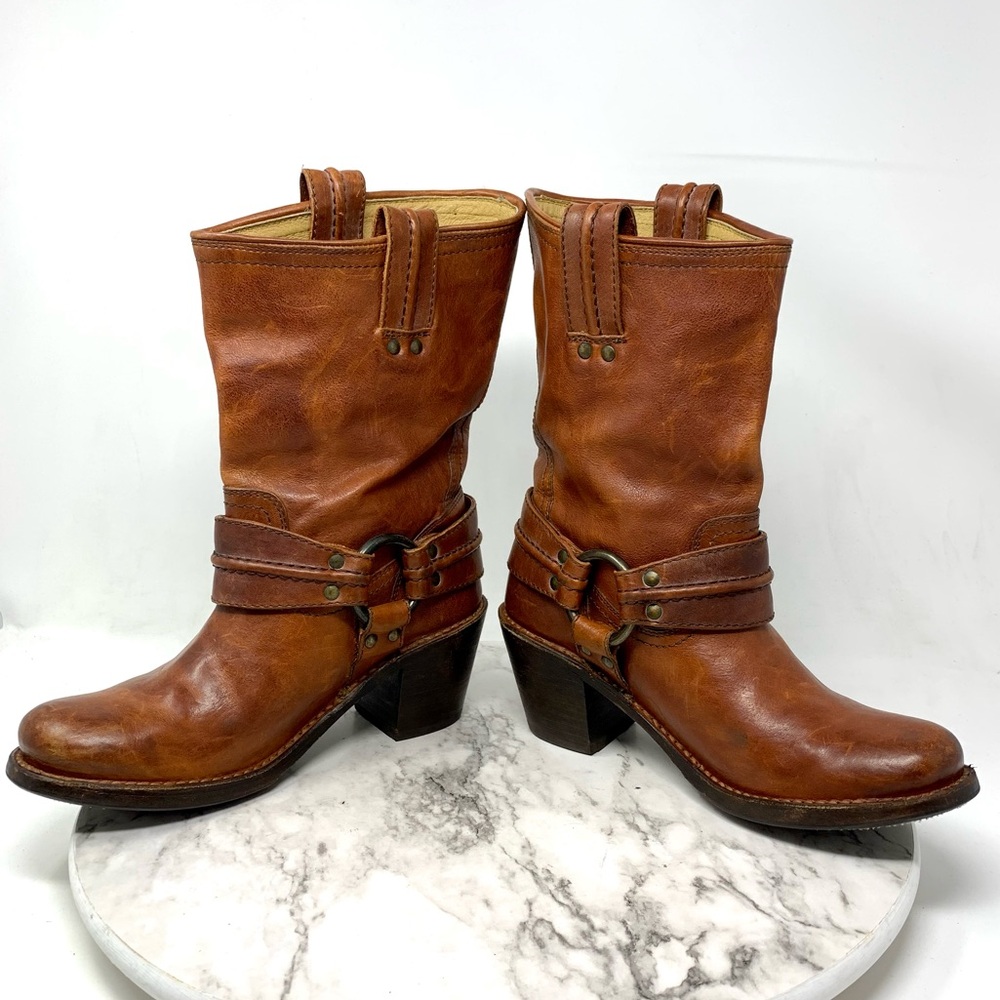 Frye Carmin Harness Short Brown Leather Boots 6 Boho Moto Whimsigoth Festival - Picture 7 of 16